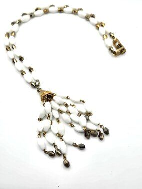 Vintage Crown Trifari White Milk Glass Tassel Necklace Gold Tone